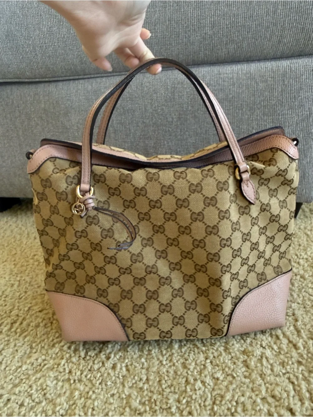 Gucci Beige GG Canvas Tote with Pink Leather Trim